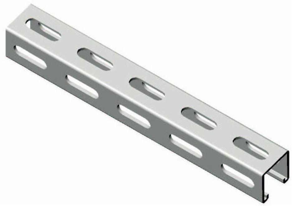 Perforowany profil montażowy typu C, ocynkowany, widoczny pod kątem, z otworami owalnymi ułatwiającymi regulację.