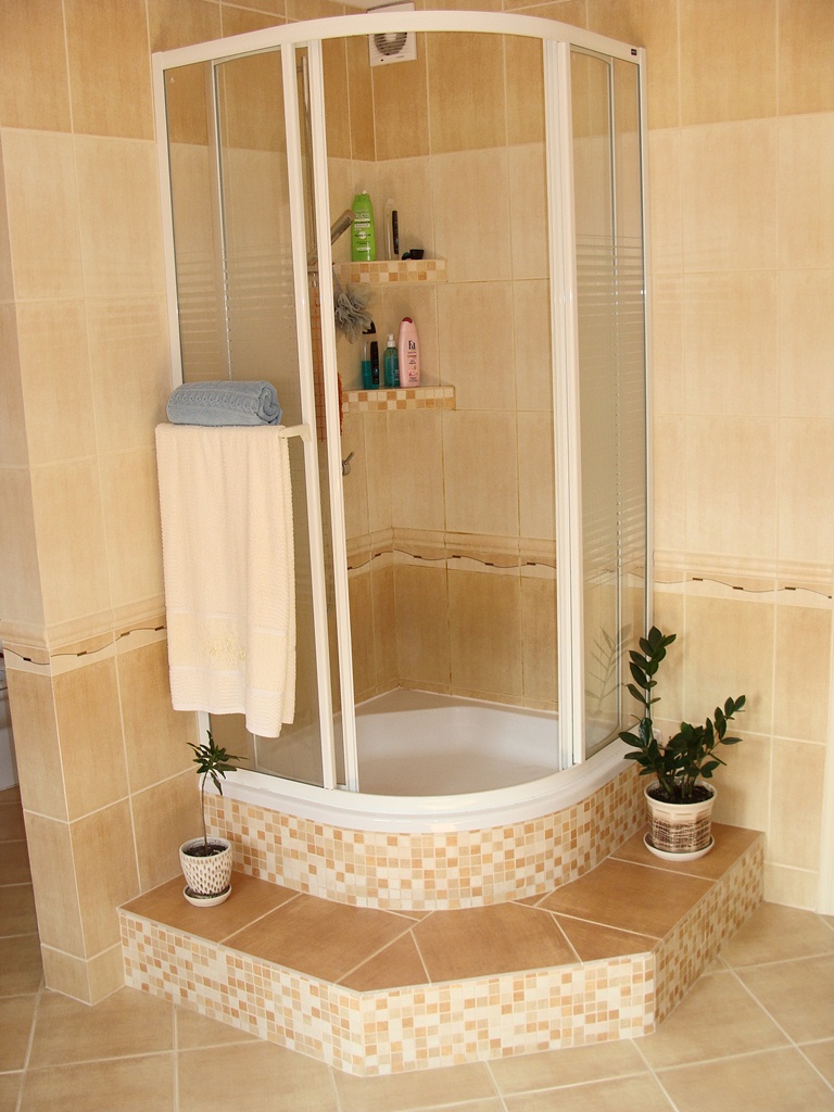 Jasna łazienka z narożną kabiną prysznicową, wykończoną mozaiką, z roślinami doniczkowymi po bokach i półkami z kosmetykami wewnątrz kabiny.