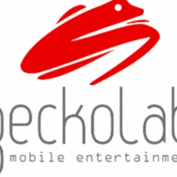 Logo firmy 'geckolab mobile entertainment' z abstrakcyjnym symbolem czerwonej jaszczurki nad szarym napisem.