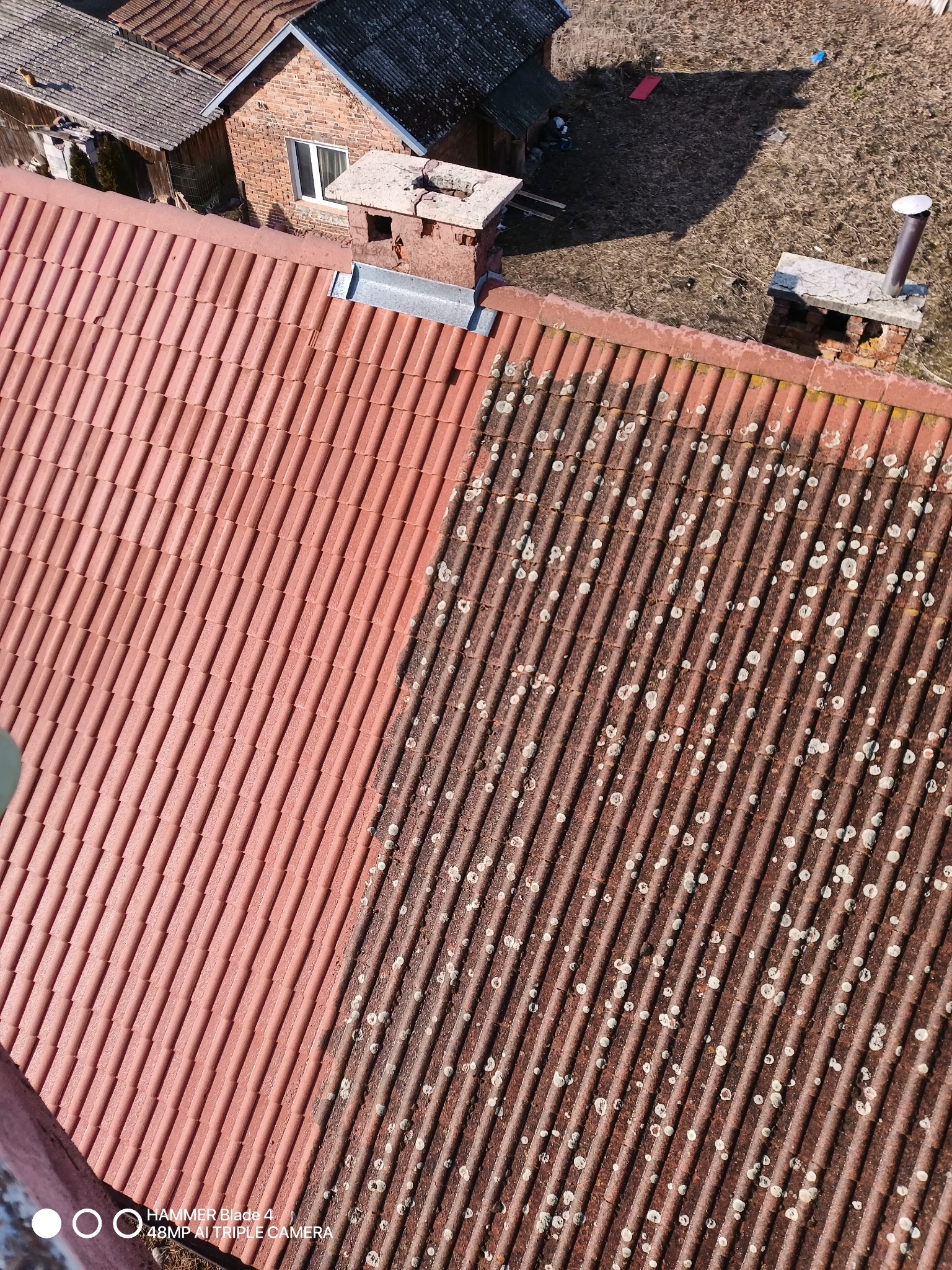 Częściowo wyczyszczony dach z czerwonej dachówki, widoczna różnica między czystą a zabrudzoną powierzchnią, porosty na brudnej części, widok z góry.