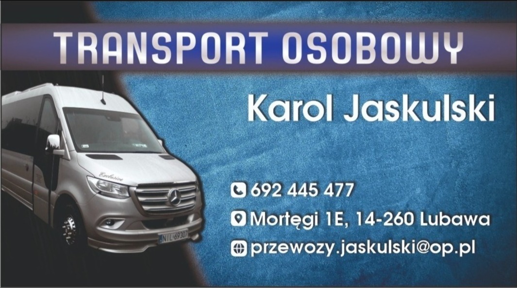 Wizytówka firmy transportowej: srebrny bus marki Mercedes, nazwa firmy 'Karol Jaskulski', numer telefonu i adres e-mail na teksturowanym, niebieskim tle.