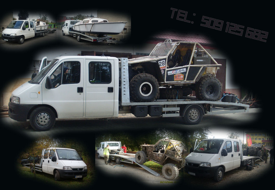 Montaż kolażowy przedstawiający białą lawetę z platformą transportową, na której znajduje się terenowy pojazd typu buggy z numerem 28, oraz dodatkowo lawetę z przyczepą transportującą łódź żaglową.