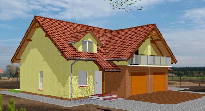 Wizualizacja projektu domu jednorodzinnego z dwuspadowym dachem krytym czerwoną dachówką, żółtą elewacją i garażem dwustanowiskowym z balkonem.