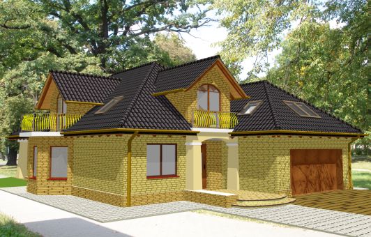 Wizualizacja dwukondygnacyjnego domu z żółtej cegły z czarnym dachem, żółtymi balustradami balkonowymi i drewnianą bramą garażową, otoczonego zielenią drzew.