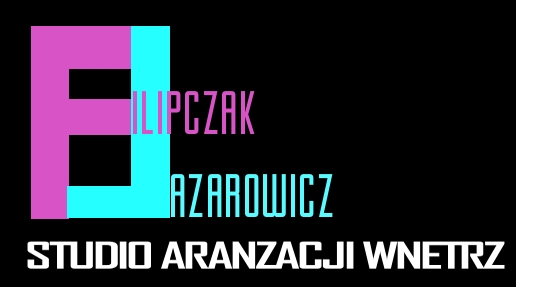 Logo studia aranżacji wnętrz Filipczak Azarowicz, z abstrakcyjnym znakiem graficznym w kolorach fioletowym i turkusowym na czarnym tle.