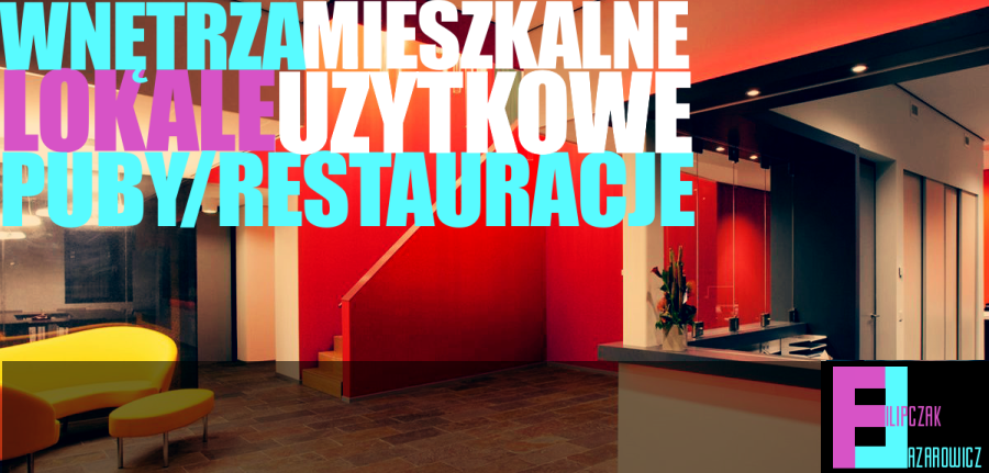 Nowoczesne wnętrze lokalu użytkowego z recepcją, czerwonymi ścianami i żółtą sofą, widoczne schody.