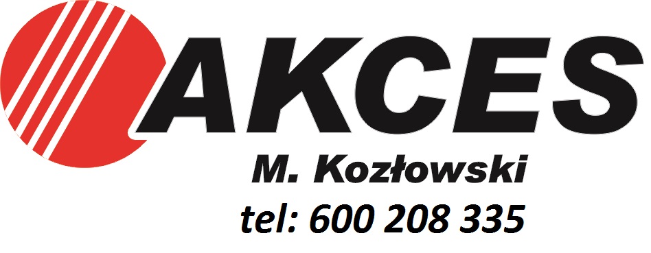 Logo firmy AKCES M. Kozłowski z czerwonym okręgiem i czarnym napisem, numer telefonu 600 208 335.