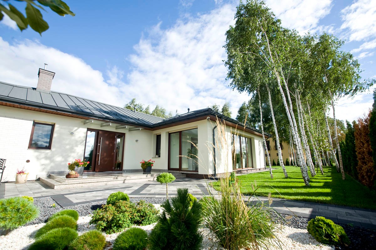 Nowoczesny dom jednorodzinny z brązowymi drzwiami wejściowymi i dużymi oknami przesuwnymi, otoczony zadbanym ogrodem z białymi brzozami i ozdobnymi krzewami.