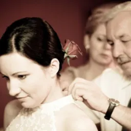 Panna młoda z różą we włosach, dopinana przez mężczyznę w koszuli z krawatem, w tle kobieta