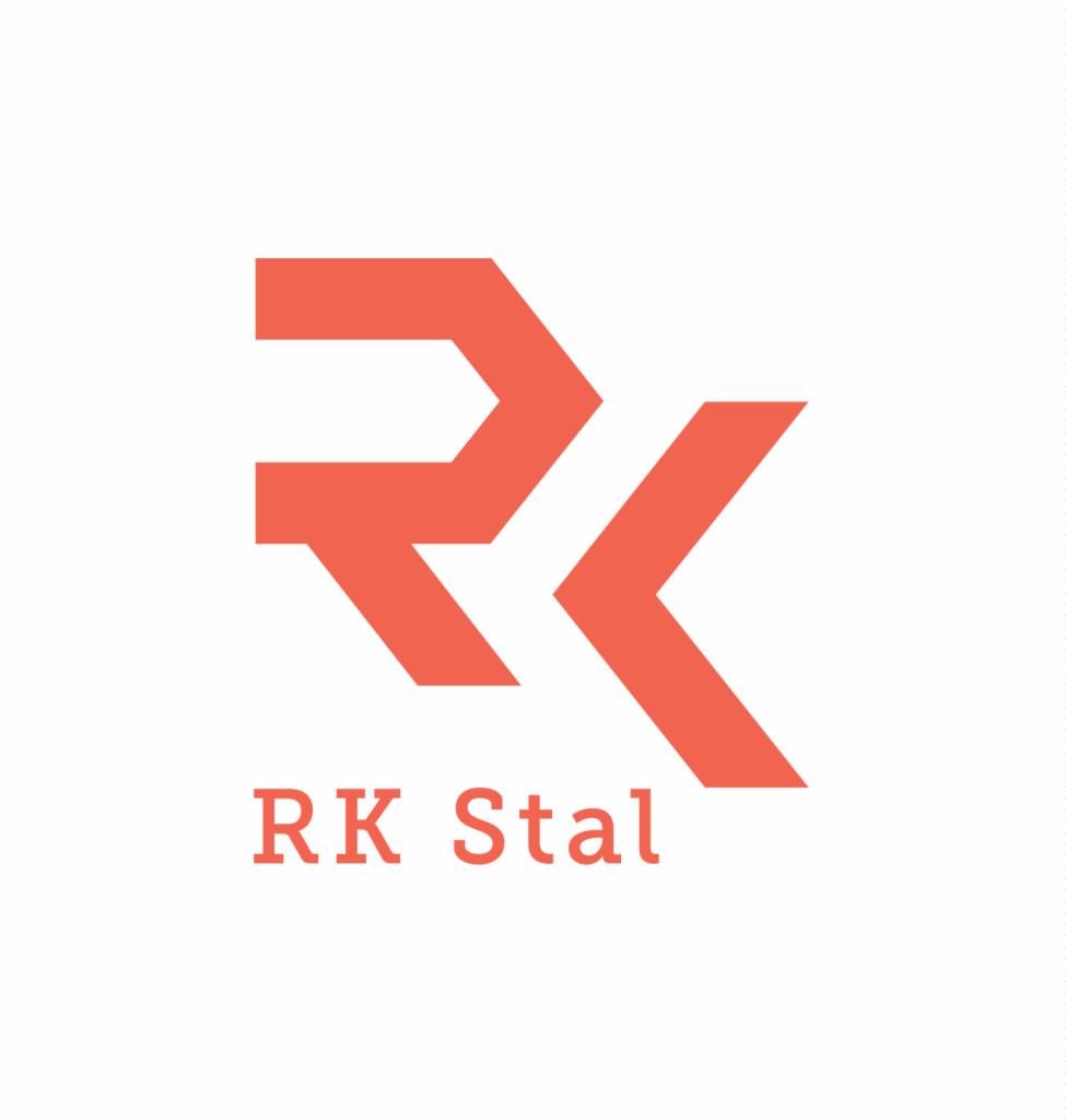 Pomarańczowe logo firmy RK Stal na białym tle, z geometrycznym symbolem przypominającym połączenie liter R i K.