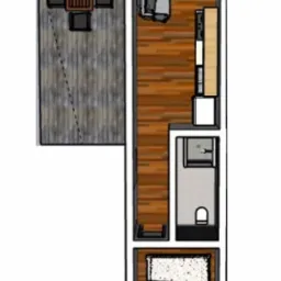 Rzut z góry na wnętrze domu: sypialnia z łóżkiem dwuosobowym, łazienka z toaletą i prysznicem, kuchnia z blatem i szafkami, salon z kanapą i balkon z meblami ogrodowymi.