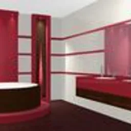 Wnętrze łazienki w odcieniach czerwieni i bieli: okrągła wanna z brązową obudową na podwyższeniu, umywalki nablatowe na czerwonej szafce, ściany z poziomymi pasami glazury i terakoty, oświetlenie...