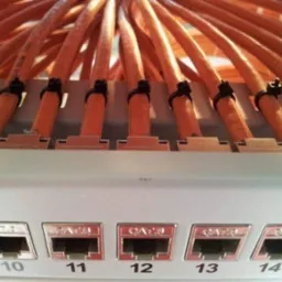 Pomarańczowe kable sieciowe CAT6 podłączone do panelu krosowego, zabezpieczone czarnymi opaskami zaciskowymi, widoczne porty oznaczone numerami 10-14.