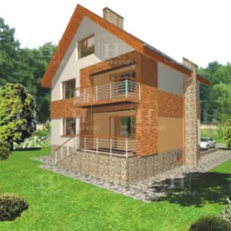 Wizualizacja dwukondygnacyjnego domu jednorodzinnego z dwoma balkonami, wykończonego cegłą i kamieniem, zlokalizowanego w Kobylice, otoczonego zielenią i drzewami.