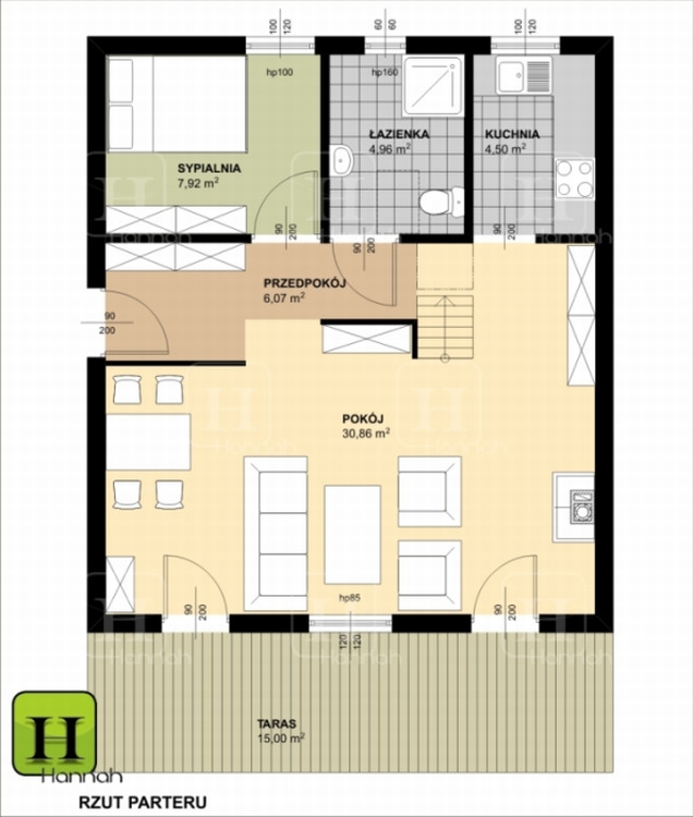 Rzut parteru domku letniskowego z tarasem, uwzględniający rozmieszczenie sypialni, łazienki, kuchni, przedpokoju i pokoju dziennego, z podanymi metrażami pomieszczeń.