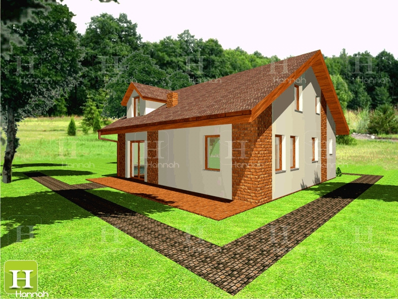 Wizualizacja projektu domu jednorodzinnego z dwuspadowym dachem, wykończonego cegłą klinkierową, z brukowanym chodnikiem prowadzącym przez trawnik.