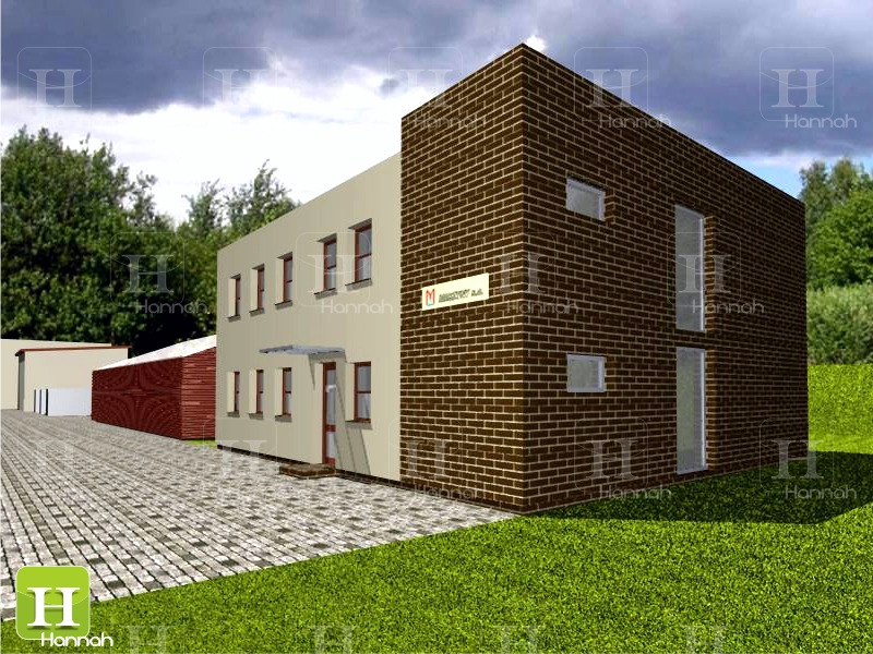 Wizualizacja budynku produkcyjno-biurowego z częścią biurową otynkowaną na kremowo i częścią produkcyjną z cegły klinkierowej, z kostką brukową na podjeździe i trawnikiem.