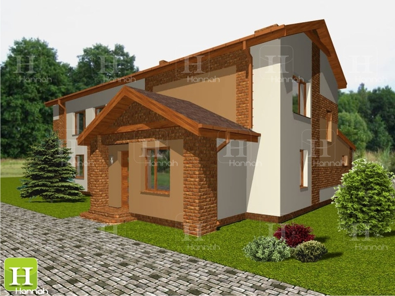 Wizualizacja 3D przebudowanego dwukondygnacyjnego domu z ceglaną fasadą, drewnianym zadaszeniem nad wejściem i brukowanym podjazdem.