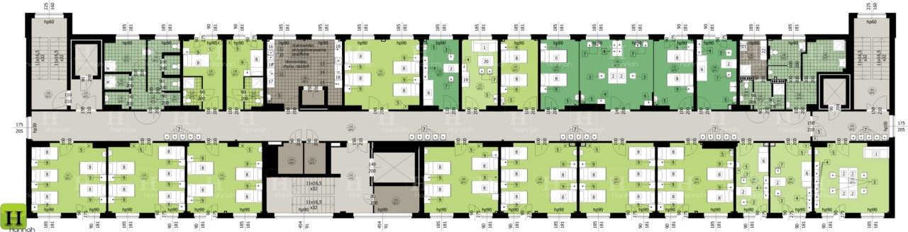 Rzut poziomy oddziału szpitalnego po remoncie, z zaznaczonym układem pomieszczeń, rozmieszczeniem łóżek i sprzętu medycznego oraz wymiarami ścian.