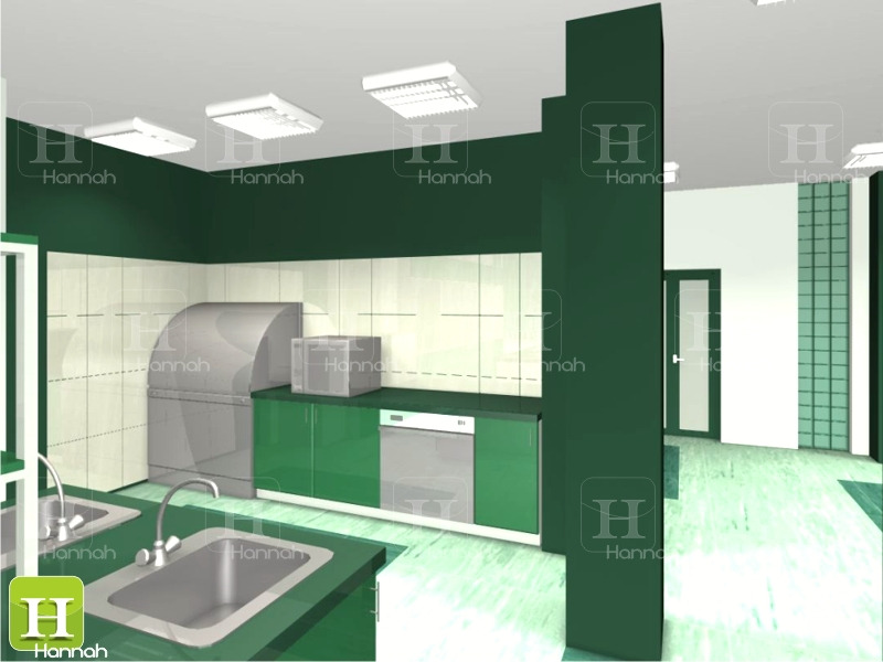 Wizualizacja 3D laboratorium chemicznego z zielonymi szafkami, stalowym wyposażeniem i białymi płytkami, widok z perspektywy użytkownika, oświetlenie sufitowe.