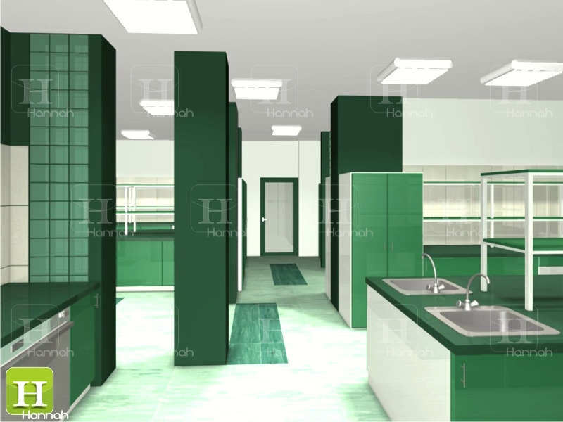 Wizualizacja projektu wnętrza laboratorium chemicznego z zielonymi szafkami i umywalkami, oświetleniem sufitowym i minimalistycznym wystrojem.