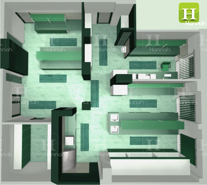 Rzut z góry na wizualizację 3D laboratorium chemicznego z zielonymi akcentami, uwzględniający rozmieszczenie stanowisk pracy, umywalek, szafek i wyposażenia.