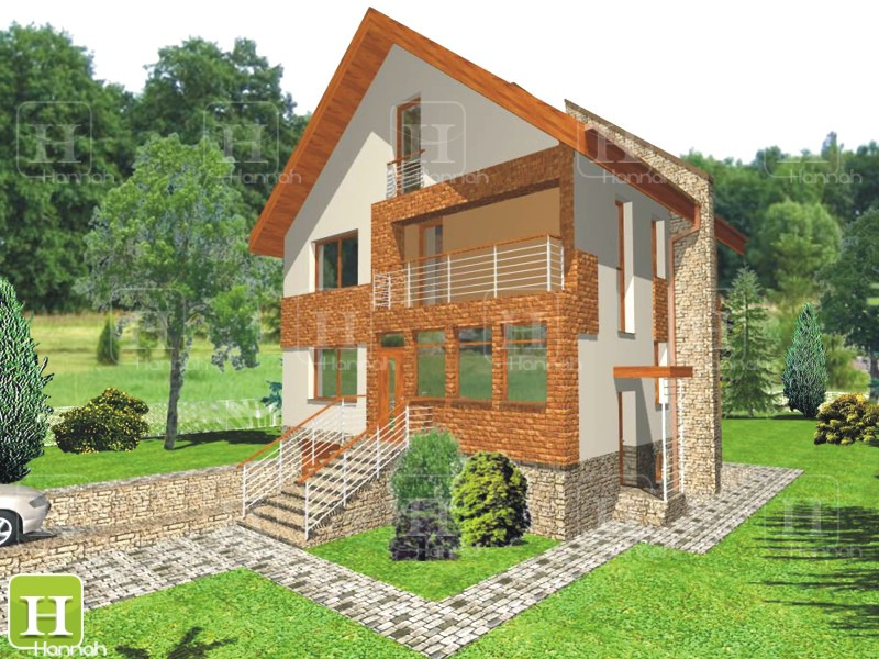 Wizualizacja domu dwukondygnacyjnego z balkonem, elewacją z cegły i kamienia, schodami wejściowymi oraz zagospodarowanym terenem zielonym z kostką brukową i niskim murkiem.