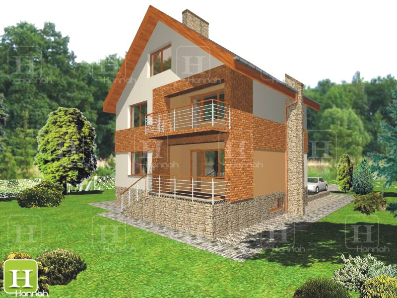 Wizualizacja dwukondygnacyjnego domu jednorodzinnego z dwoma balkonami, wykończonego cegłą i kamieniem, zlokalizowanego w Kobylice, otoczonego zielenią i drzewami.