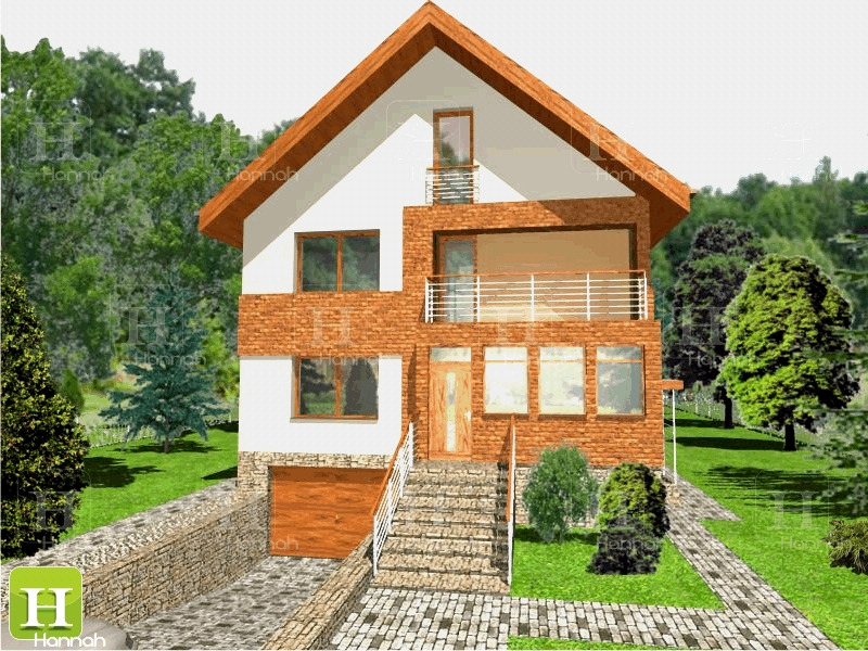 Wizualizacja dwukondygnacyjnego domu z garażem i balkonem, wykończonego cegłą i białym tynkiem, otoczonego zielenią, z widocznym brukowanym podjazdem i schodami wejściowymi.