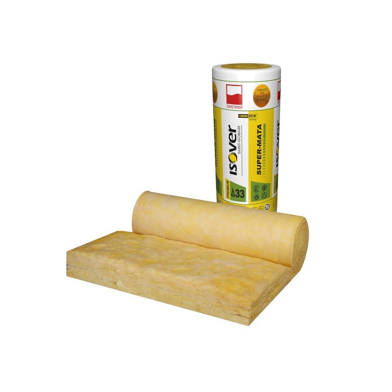 Żółta rolka i arkusz materiału izolacyjnego Isover Super-Mata A33 na białym tle, widoczna etykieta produktu.
