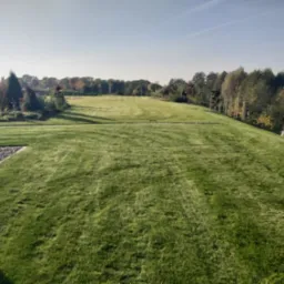 Rozległy, równo przystrzyżony trawnik z widocznymi śladami koszenia, otoczony drzewami i krzewami, w oddali widoczny fragment ogrodu z elementami dekoracyjnymi.