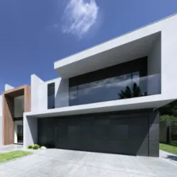 Wizualizacja nowoczesnego domu z płaskim dachem, dużymi przeszkleniami i drewnianą elewacją wejściową, otoczonego zielonym trawnikiem i minimalistycznym ogrodem.