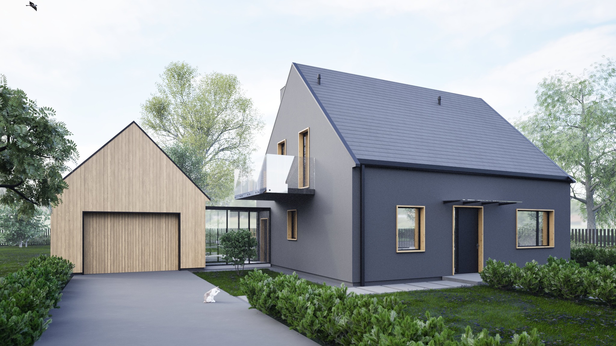 Wizualizacja nowoczesnego domu jednorodzinnego z garażem wykończonym drewnem, połączonego przeszklonym łącznikiem, z małym balkonem i szarym dachem, otoczonego zielenią, z kotem siedzącym...