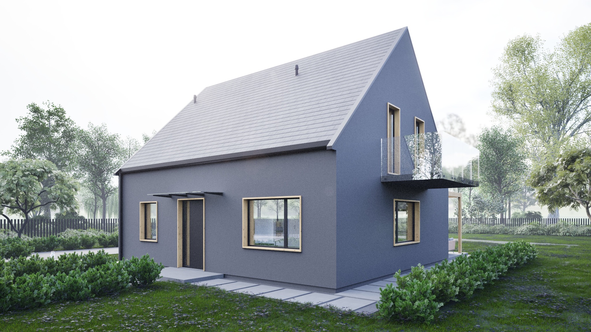 Wizualizacja domu jednorodzinnego z szarą elewacją, balkonem z przezroczystą balustradą i drewnianą stolarką okienną, otoczonego zielenią.