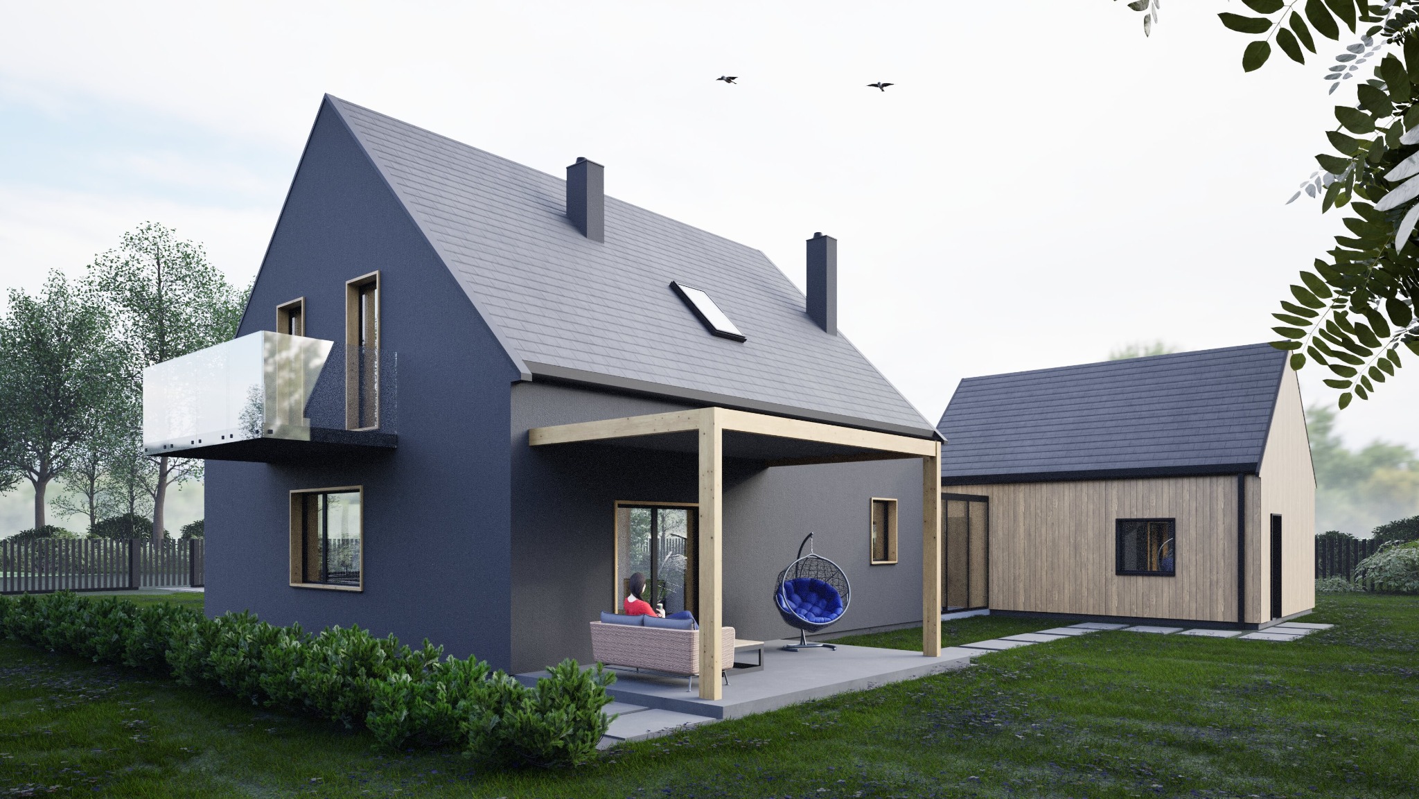 Wizualizacja nowoczesnego domu jednorodzinnego z grafitową elewacją, przeszklonym balkonem i drewnianą pergolą nad tarasem, na którym wisi niebieski fotel-kokon. W tle widoczny drugi budynek...