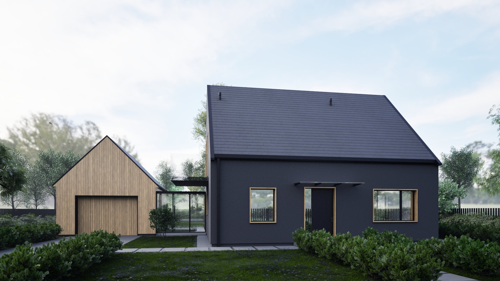 Wizualizacja nowoczesnego domu jednorodzinnego z garażem o drewnianej elewacji, połączonego przeszklonym łącznikiem, otoczonego zielenią.