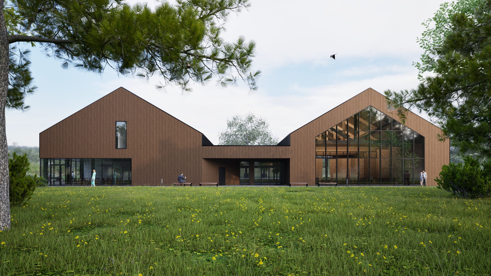 Wizualizacja budynku usługowego z drewnianą elewacją i dużymi przeszkleniami, otoczonego łąką z żółtymi kwiatami, z osobami siedzącymi na ławkach i spacerującymi wewnątrz.