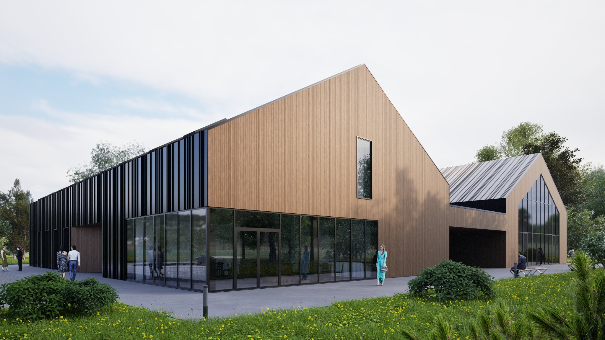Wizualizacja budynku usługowego z drewnianą elewacją i dużymi przeszkleniami, otoczonego zielenią i z osobami spacerującymi w pobliżu.