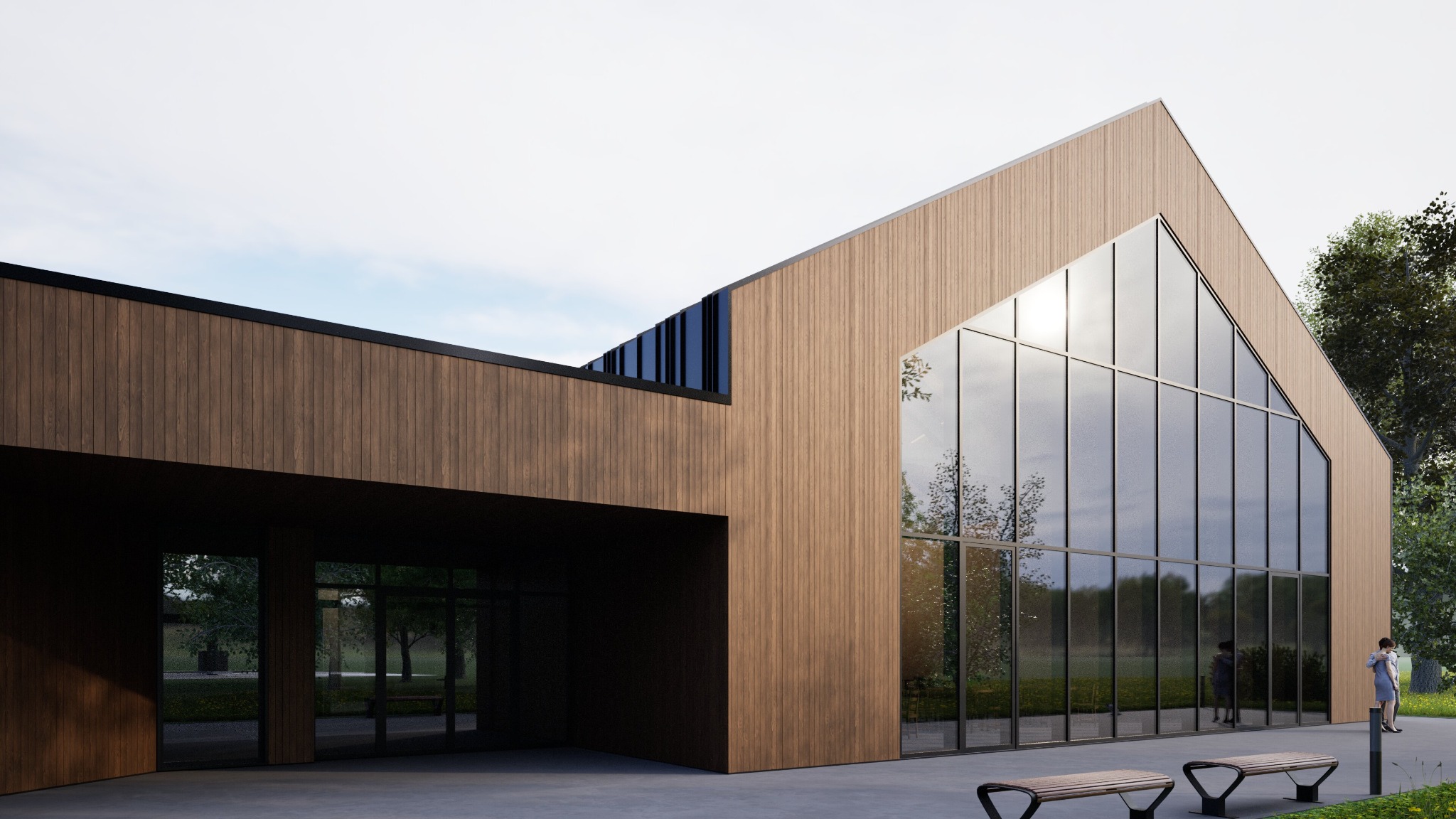 Wizualizacja budynku usługowego z drewnianą elewacją i dużymi przeszkleniami, z zewnątrz widoczna osoba stojąca obok budynku.