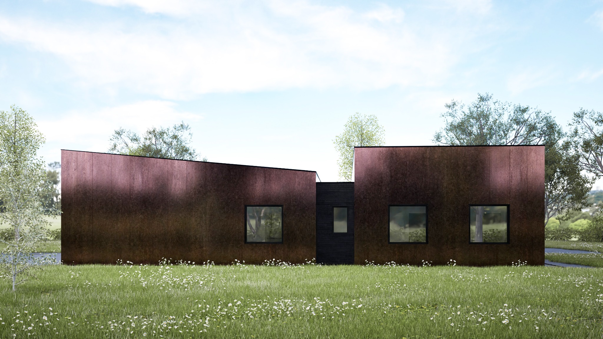 Nowoczesny budynek usługowy z elewacją z patynowanej blachy, otoczony kwitnącą łąką i drzewami, minimalistyczne okna.