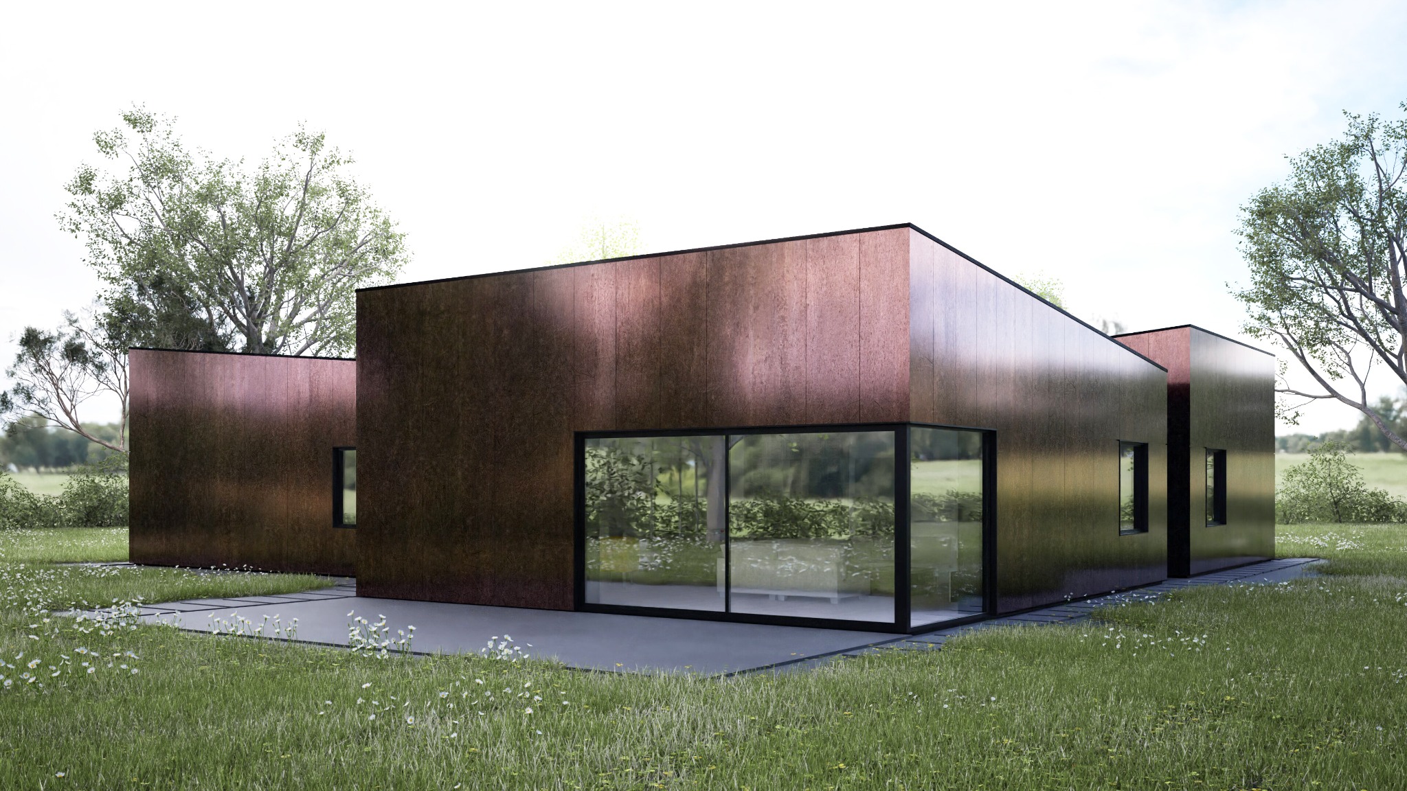 Wizualizacja nowoczesnego budynku usługowego z elewacją w odcieniach brązu, otoczonego zielenią i kwiatami.