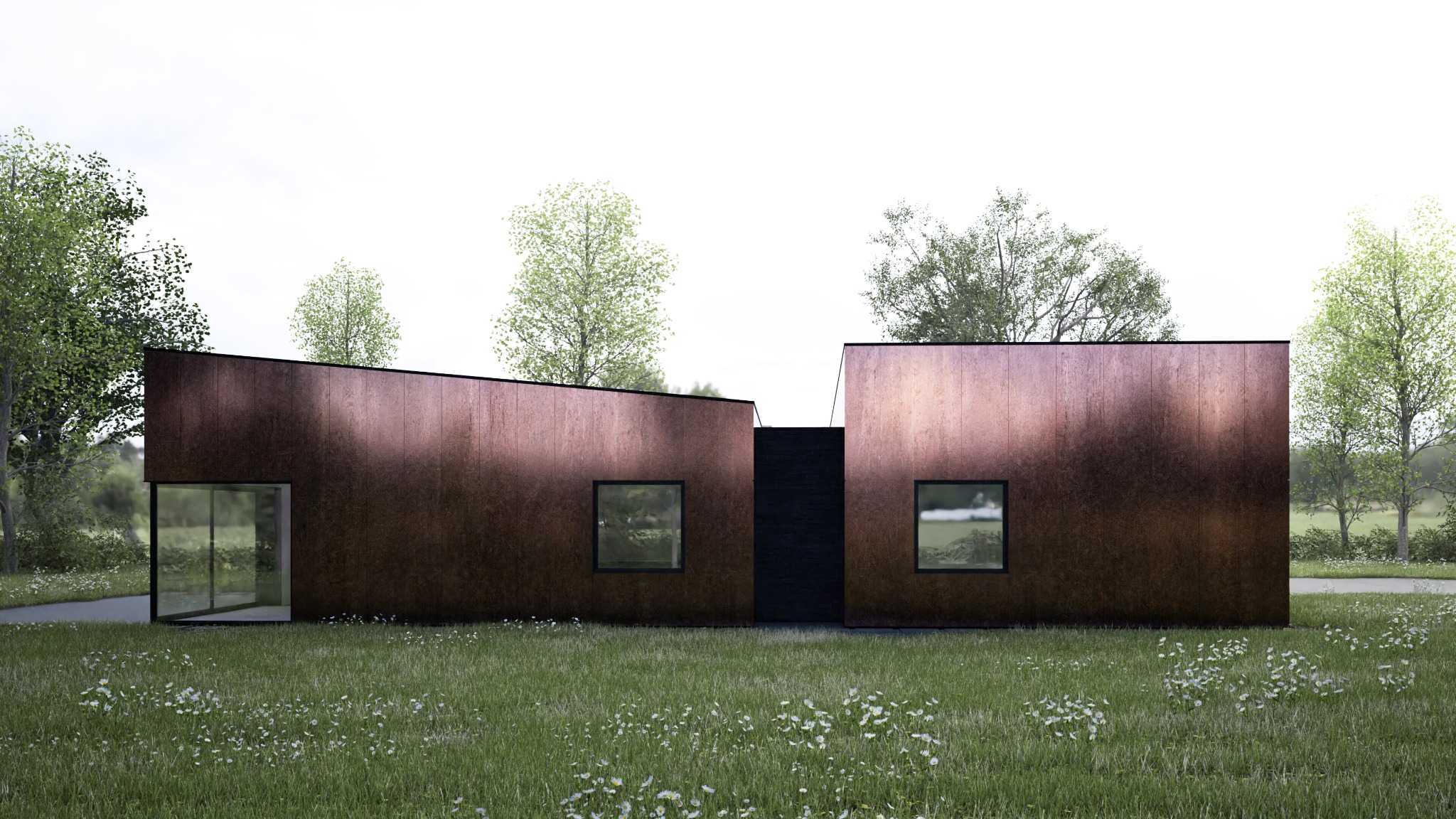 Wizualizacja budynku jednorodzinnego z elewacją w odcieniach rdzy, minimalistyczna bryła z płaskim dachem, otoczona zielonym trawnikiem z kwitnącymi stokrotkami i drzewami.