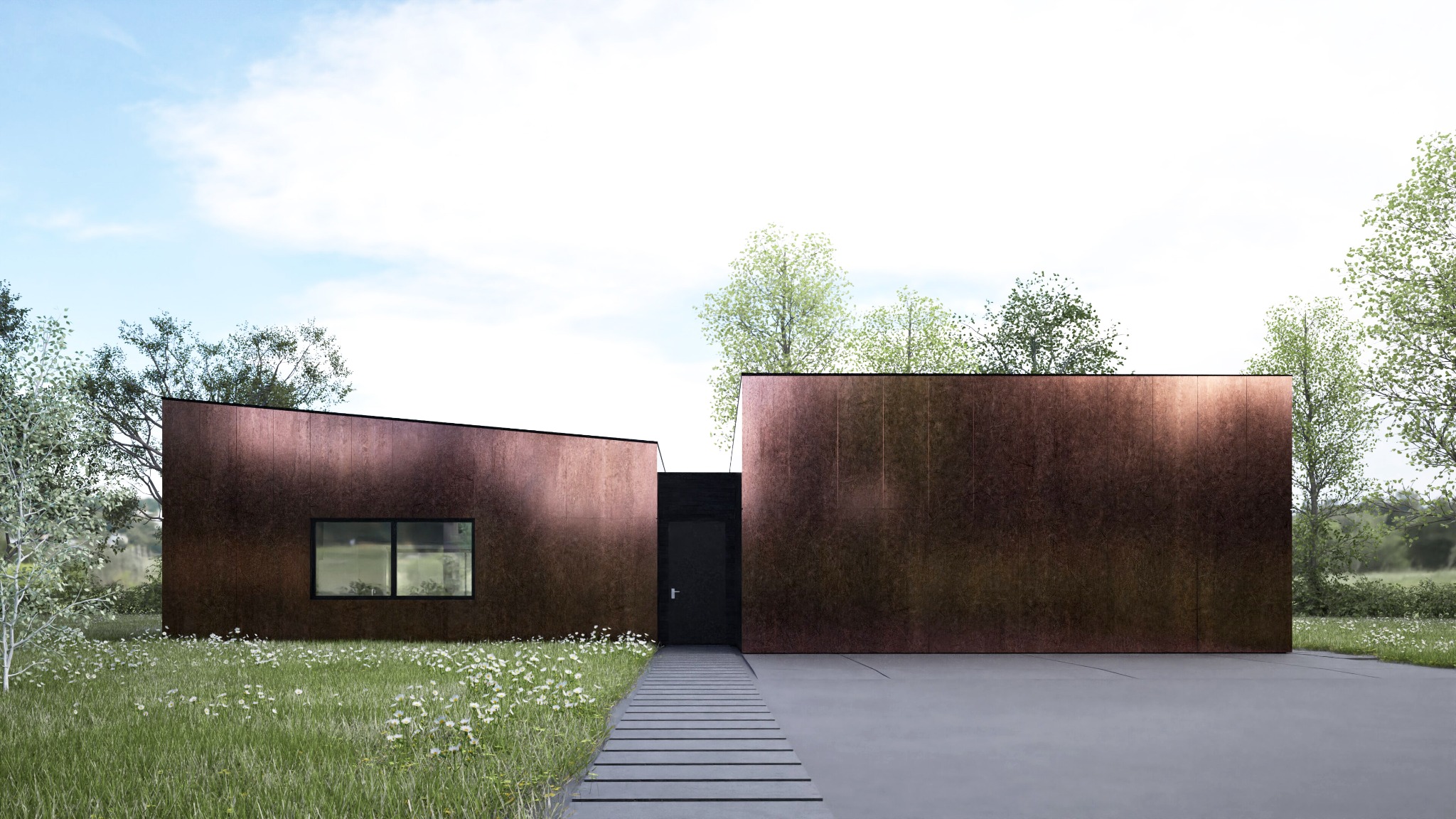 Nowoczesny dom jednorodzinny z elewacją w odcieniach brązu, minimalistyczny design, ścieżka z płyt prowadząca do wejścia, otoczony zielenią trawnika i drzew.