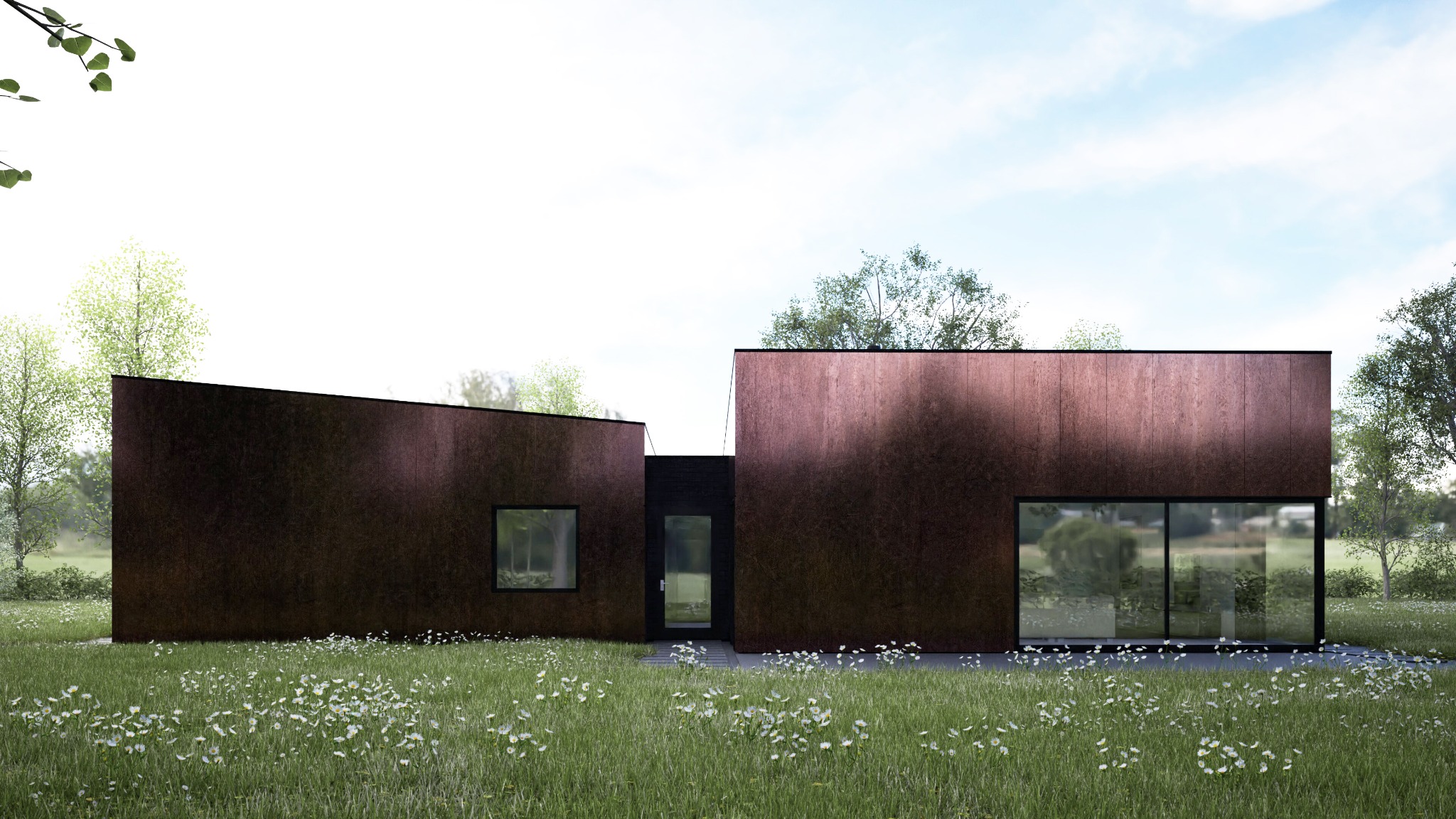 Nowoczesny dom jednorodzinny z elewacją w odcieniach rdzy, otoczony kwitnącą łąką, minimalistyczny design z dużymi przeszkleniami.