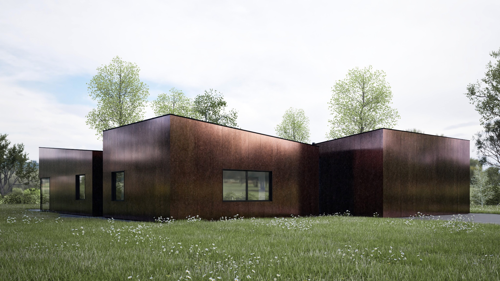 Nowoczesny budynek usługowy o prostej bryle, z elewacją w odcieniach brązu, otoczony zielonym trawnikiem z białymi kwiatami i drzewami.