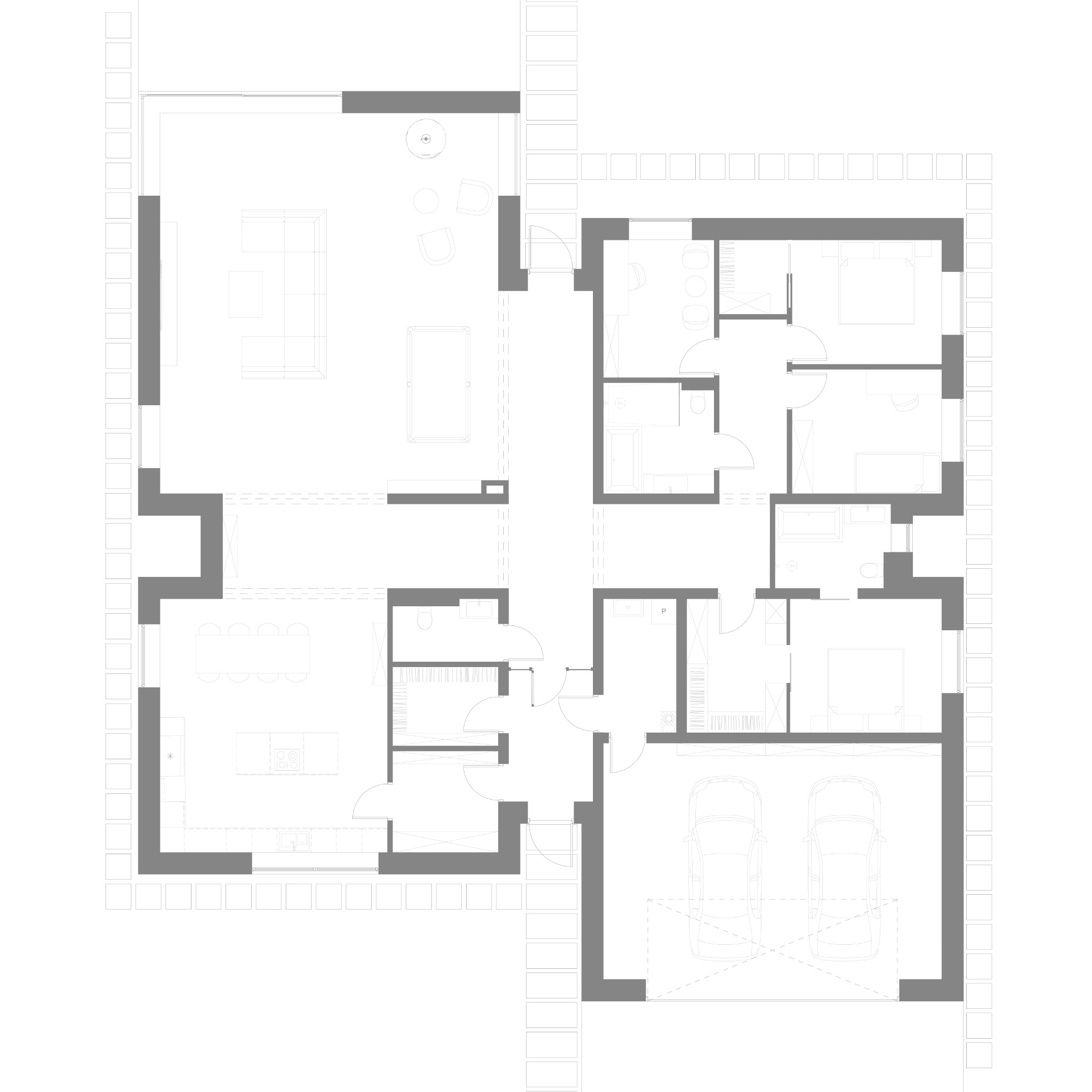 Architektoniczny rzut poziomy domu jednorodzinnego z garażem na dwa samochody, salonem, kuchnią, jadalnią i kilkoma sypialniami, otoczony kostką brukową.