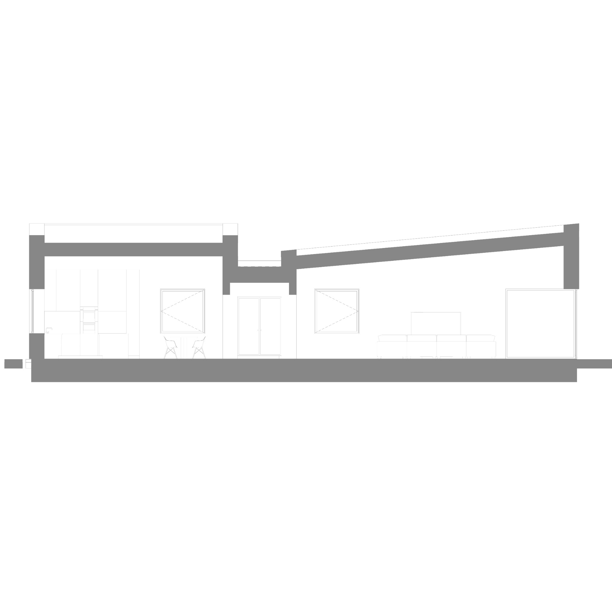 Przekrój architektoniczny wnętrza mieszkania z zaznaczonymi meblami i oknami.