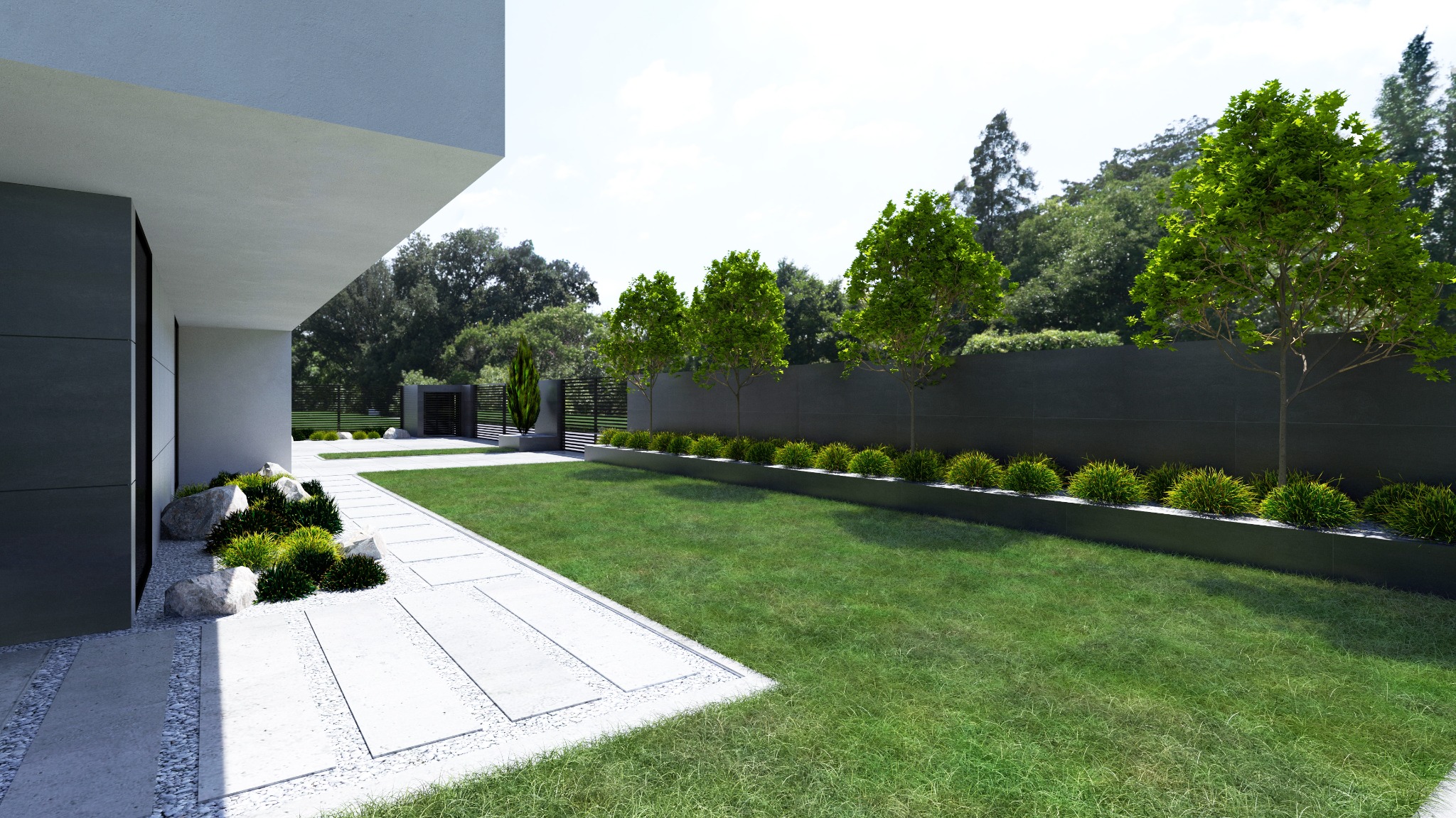 Nowoczesny ogród z trawnikiem, ścieżką z płyt betonowych i żwiru, oraz minimalistycznym ogrodzeniem obsadzonym drzewami i krzewami ozdobnymi.