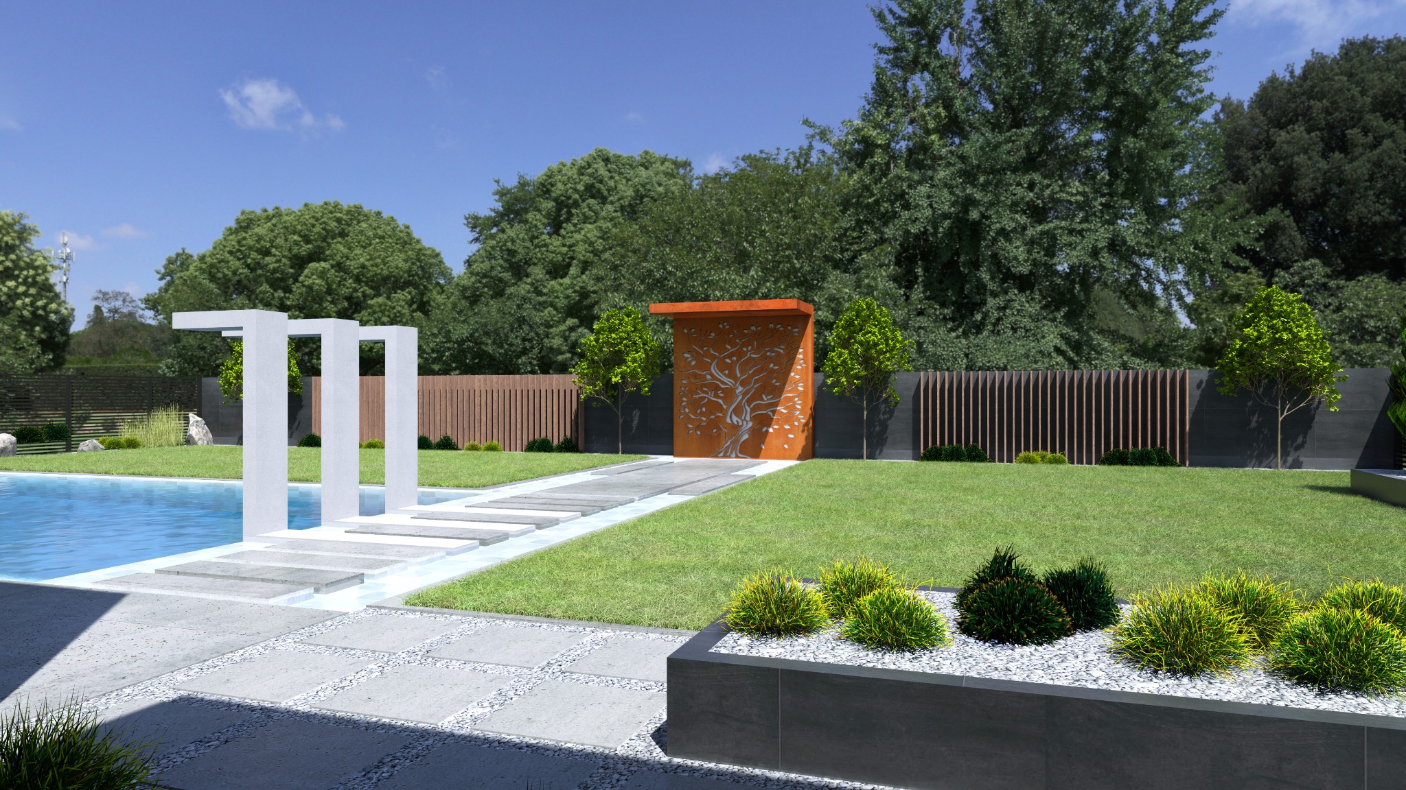 Nowoczesny ogród z basenem, minimalistyczną pergolą, ścieżką z płyt betonowych, ozdobną ścianką z motywem drzewa i trawnikiem.