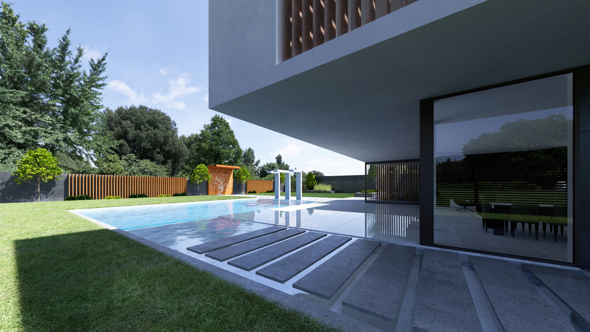 Nowoczesny dom z basenem i minimalistycznym ogrodem, widok z perspektywy trawnika na betonowe płyty w basenie, przezroczysta woda i stylowe ogrodzenie.